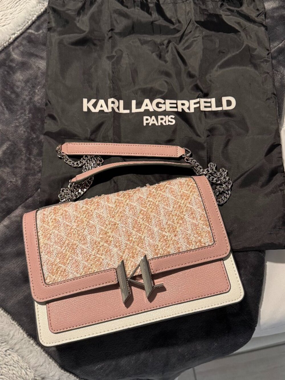 KARL LAGERFELD PARIS, Pink, White, Silver Color shoulder or crossbody bag